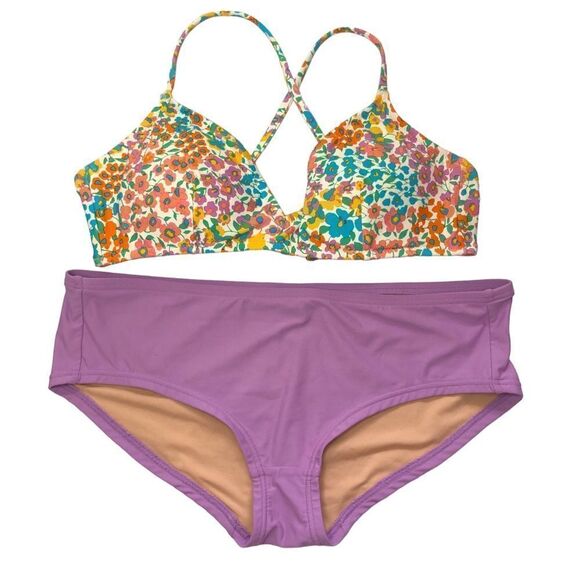 J Crew Bikini Top/Bottom Rainbow Bloom Matching Solid Lilac Bottoms Med/Small - Picture 1 of 13